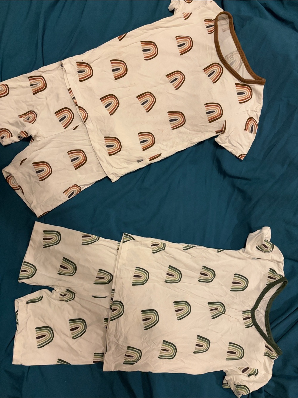 Cute Rainbow Print Short Sleeve Pajama Set - White with Brown & Green Accents